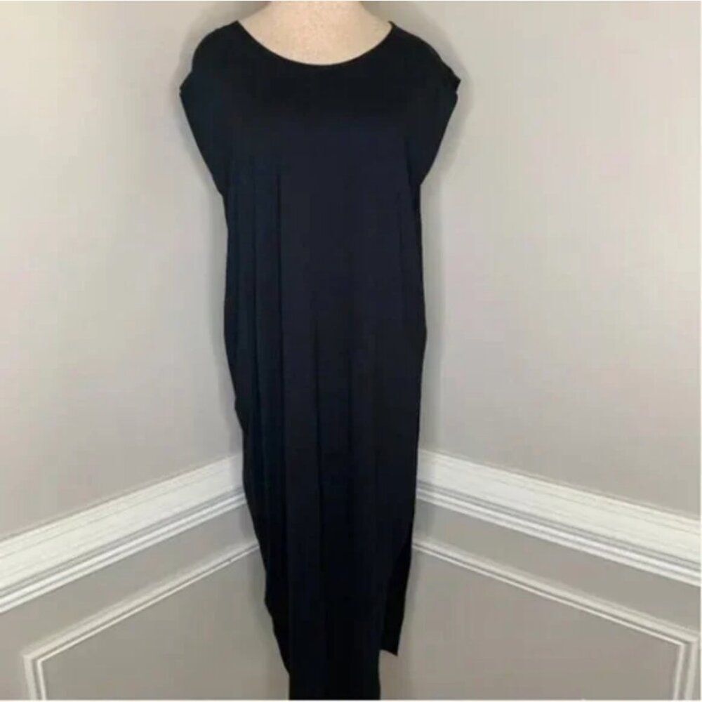 Eileen Fisher Dress Kaftan Tunic Black Viscose High Side Slits Size Medium NWT